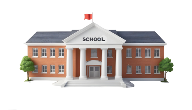 A 3d school building icon with a red brick facade, white columns, and a red flag on top. The word "SCHOOL" is prominently displayed on the front. Two trees on either side.