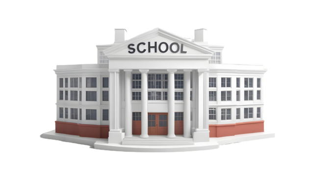 A 3d school building icon with a red brick facade, white columns, and a red flag on top. The word "SCHOOL" is prominently displayed on the front. Two trees on either side.