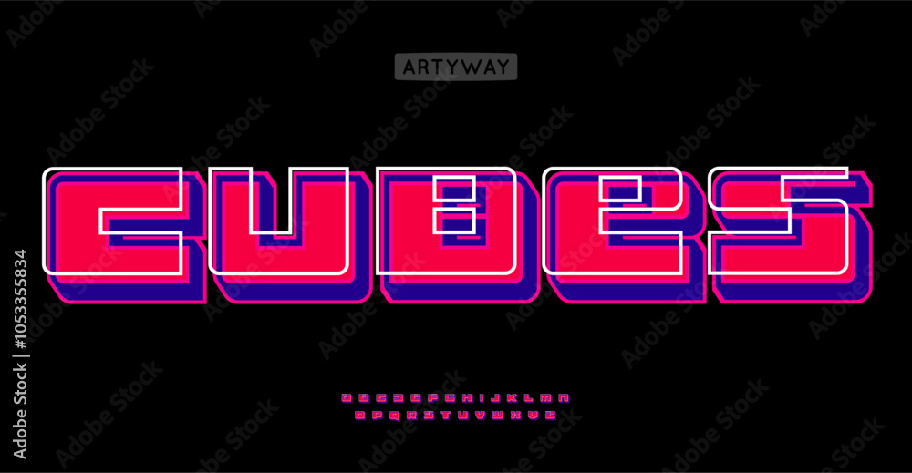 Poster 8-bit arcade alphabet, retro neon typography, bold squared letters with 3D layered shadow. Modular Y2K font for vibrant geometric headline, game logo. Vector typeset