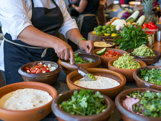Obraz premium Сhef prepares traditional Mexican dishes, such as guacamole or tortillas, in front of an engaged audience