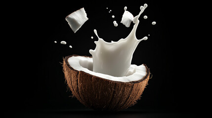 Coconut Milk Splash: A halved coconut bursts open, revealing a creamy cascade of coconut milk, with chunks of coconut flying through the air in a captivating, high-contrast image.  