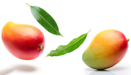 Fresh Mango fruits with leaves floating or flying isolated white background
