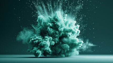 Fototapeta premium vibrant green powder explosion creates stunning visual effect against dark background, showcasing dynamic movement and energy. scene captures essence of creativity and excitement