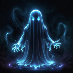 A translucent ghost with glowing blue eyes and claws stands on a glowing blue circle against a dark background.