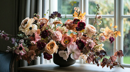 Beautiful autumn flowers bouquet, autumnal botanical home decor and floral arrangement, English countryside style and florist design for floral shop, flower arranging workshop or classes idea