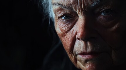 Obraz premium An elderly woman sits in quiet contemplation, her face illuminated by soft light. The intricate details of her features reveal a life rich in experience and emotion, evoking a sense of introspection.