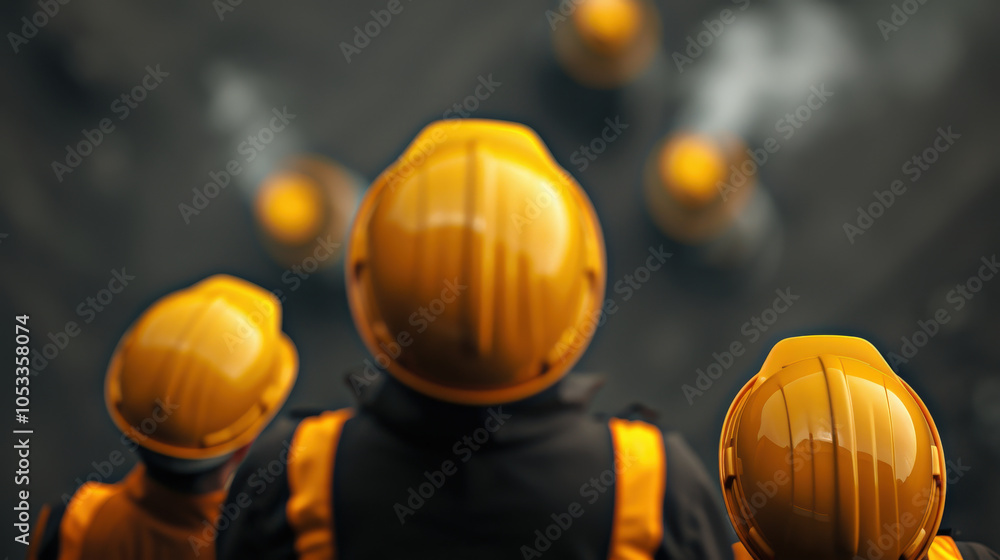 Poster engineers in yellow hard hats observe reactor safety protocols at nuclear plant, ensuring safety and