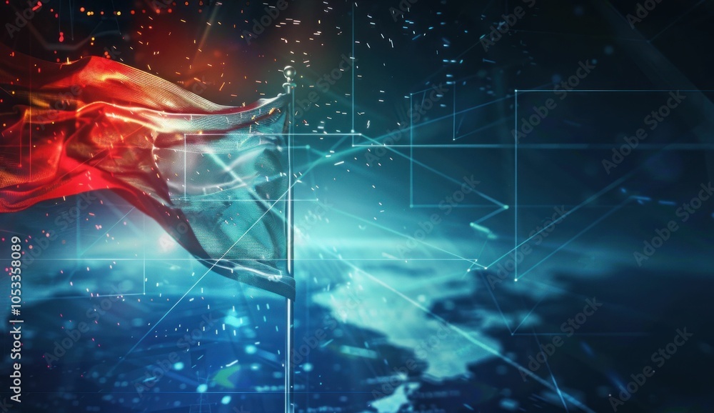 Poster abstract digital background with a flowing flag representing freedom, technology, and globalization,