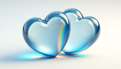 Two transparent blue hearts lie side by side on a light background, with their surfaces reflecting light and creating colorful reflections on the surface beneath.