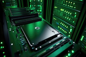 A futuristic data center featuring sleek black servers illuminated by green lights, showcasing advanced technology.