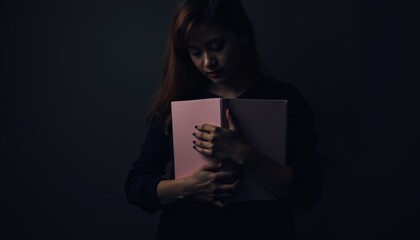Woman holding pink notebook with contemplative mood in dark setting