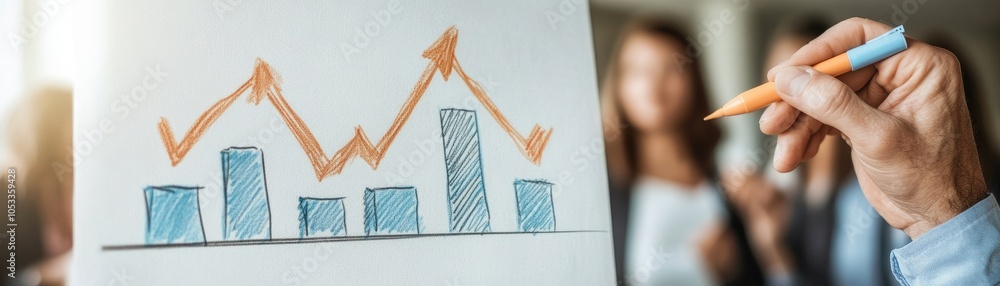 Poster a person presenting a colorful graph on paper while others observe, indicating a discussion on data 