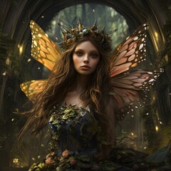 Fairy queen with intricate crown and butterfly wings in a magical forest.