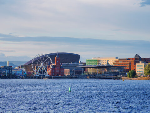 View over Cardiff Bay towards Pierhead Building and Millennium Centre, Cardiff, Wales, United Kingdom
