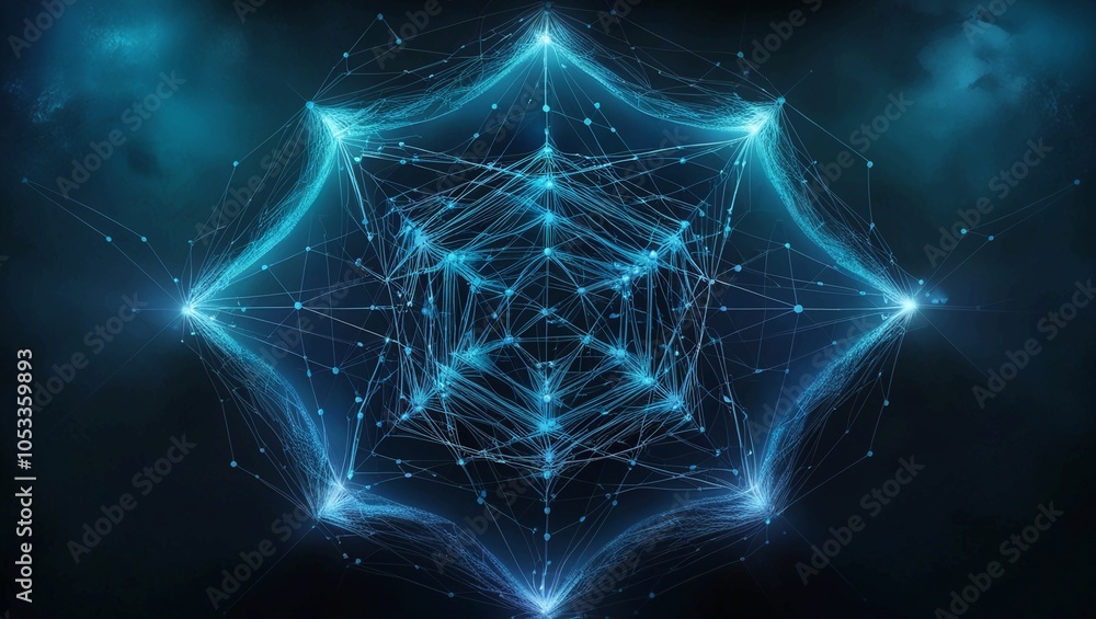 Poster high-tech digital interface with blue light elements and futuristic data visualization on a dark bac