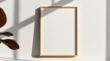 Blank wooden frame hanging on a light wall with natural shadows. Minimalistic interior mockup with empty space for artwork or photo.