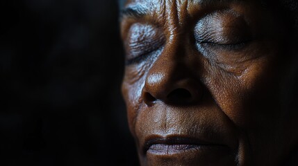 Obraz premium An elderly woman sits in quiet contemplation, her face illuminated by soft light. The intricate details of her features reveal a life rich in experience and emotion, evoking a sense of introspection.
