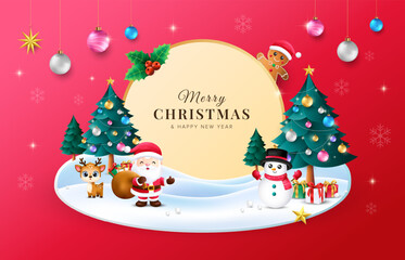 3d red Christmas design with Christmas tree, Santa, reindeer, snowman snow island background. Vector template for greeting cards, promotional banner.