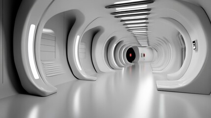 Obraz premium Futuristic, white corridor with a red light at the end.