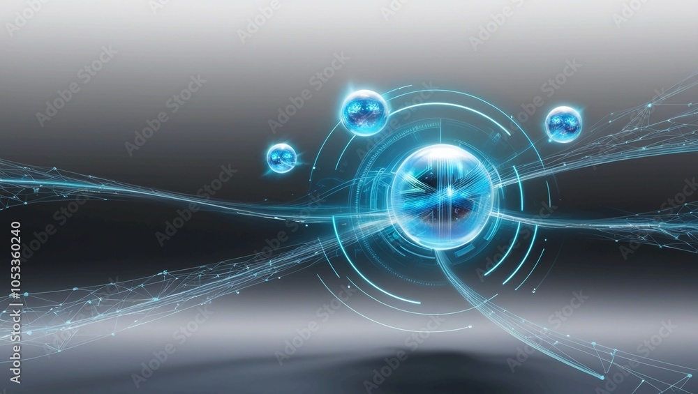 Poster high-tech digital interface with blue light elements and futuristic data visualization on a dark bac