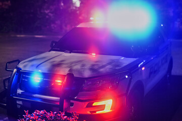Night, police car or lights in city for safety, public service or emergency procedure at accident....