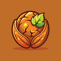 A cartoon illustration of a whole walnut with a green leaf on top, on a brown background.