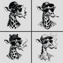 Giraffe Wearing Sunglasses And A Cap, Smoking, Giraffe Vector, Silhouette, Giraffe Svg, Woodcut Svg, Wildlife, Giraffe Head Svg, Animal With Sunglasses Svg, Giraffe Smoking Svg