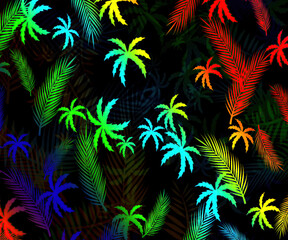 Neon palm trees on a black background texture