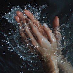 Fototapeta premium A close-up of a woman's hands gracefully cupping water, with splashes frozen in motion, capturing elegance and fluidity