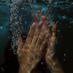 Fototapeta premium A close-up of a woman's hands underwater, surrounded by delicate bubbles, creating a serene and immersive visual experience