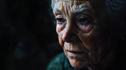 An elderly woman sits in quiet contemplation, her face illuminated by soft light. The intricate details of her features reveal a life rich in experience and emotion, evoking a sense of introspection.