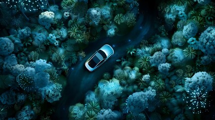 a bird's eye drone view of a modern electric car driving along a narrow path through a mystical, bioluminescent forest