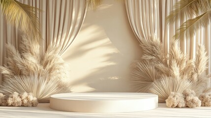 Elegant pastel beige backdrop with sleek podium, framed by natural palm tree shadows, for sophisticated displays
