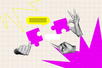 Composite photo collage of hands hold puzzle segment team building concept arm point text box...
