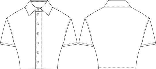 short sleeve collared buttoned fit crop cropped shirt blouse top template technical drawing flat sketch cad mockup fashion woman design style model 
