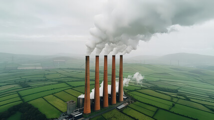 Aerial view of nuclear reactor with steam and smoke billowing from tall chimneys, surrounded by lush green fields and hills. scene captures industrial landscape and environmental impact
