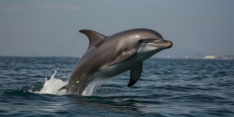 Obraz premium A graceful dolphin leaps out of the sparkling water, its sleek body catching the sunlight, embodying freedom and agility. AI generated.