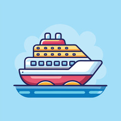 A cartoon cruise ship with white, yellow, and red accents, sails on blue water.