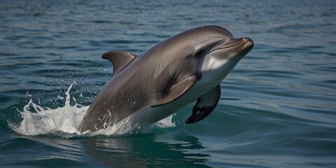 Obraz premium A graceful dolphin leaps out of the sparkling water, its sleek body catching the sunlight, embodying freedom and agility. AI generated.
