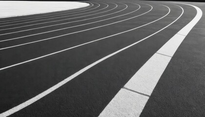 Black and white image of a curving running track with white lines