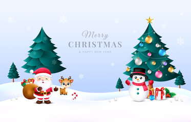 3d Christmas winter background with Christmas tree, Santa, snow man, reindeer. Vector template for greeting cards, promotional banner.