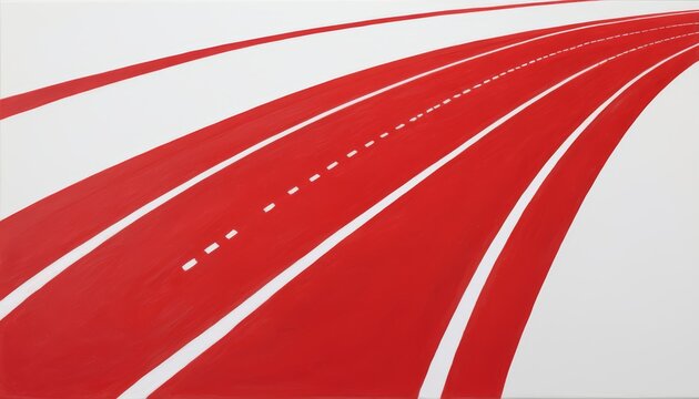 Abstract painting of a red running track with white markings