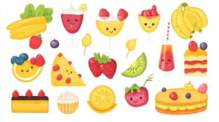 A colorful assortment of cute, cartoon-style fruits and desserts.