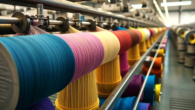 large, industrial textile mill machinery weaving vibrant, multicolored fabric rolls. The image should focus on the mechanical precision of the loom as it feeds threads into the fab
