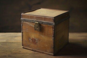 Old wooden chest with metal accents is sitting on a rustic wood surface