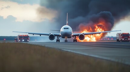 Airplane emergency landing runway fire trucks smoke aviation safety AI generated