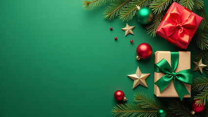 Christmas background with gift boxes, pine branches and balls. With copy space.