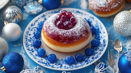 Plate with a jelly-filled donut for Hanukkah, surrounded by blue and white holiday decorations.