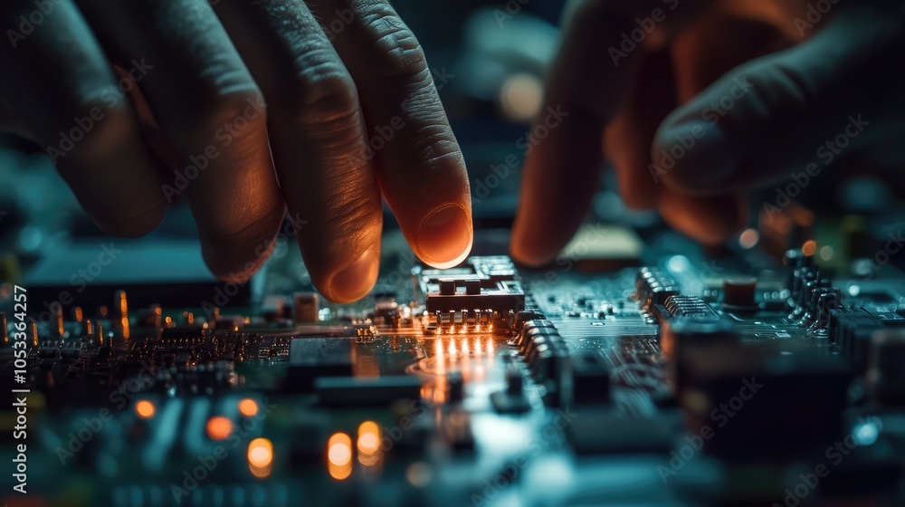 Poster close-up of hands working on a circuit board