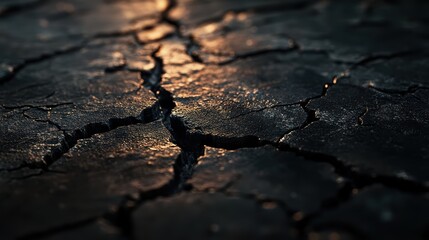 A macro shot of cracked pavement, where the tornado's path ripp,